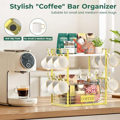 EsLuker.ly Coffee Mug Cup Holder Tree Bar Station Organizer, 2 Tier Mug Stand Rack for Countertop Kitchen, Storage Tower Display Shelf with 12 Hooks, Coffee Nook Enhancer, White-Gold - color: White + Gold