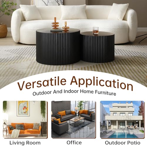 Black Nesting Coffee Table Set of 2 Modern Round Fluted Coffee Table Small Round End Table Side Table Circular Coffee Tables Circle Nested Coffee Tables for Living Room (Black Large) - color: Black Large