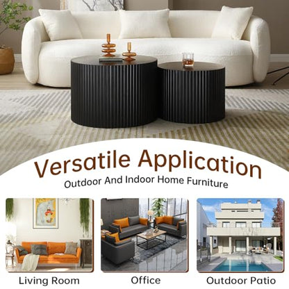 Round Nesting Coffee Table Set of 2 Modern Black Fluted Coffee Table Small Round End Table Side Table Circular Coffee Tables Circle Nested Coffee Tables for Living Room (Black Small) - color: Black Small