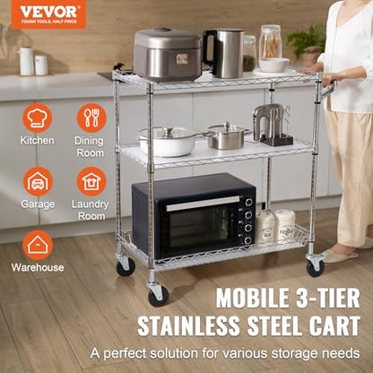 VEVOR Kitchen Utility Cart, 3 Tiers, Wire Rolling Table with 661 LBS Capacity, Steel Service Desk on Wheels, Metal Storage Trolley with 80 mm Deep Basket Curved Handle PP Liner 6 Hooks - size: 18"D x 35"W x 40.9"H
