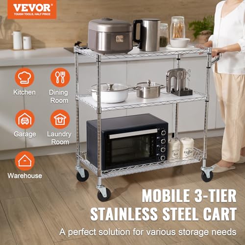VEVOR Kitchen Utility Cart, 3 Tiers, Wire Rolling Table with 661 LBS Capacity, Steel Service Desk on Wheels, Metal Storage Trolley with 80 mm Deep Basket Curved Handle PP Liner 6 Hooks - size: 18"D x 35"W x 40.9"H