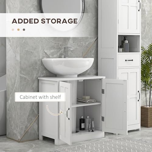kleankin Pedestal Sink Storage Cabinet, Under Sink Cabinet with 2 Doors and Adjustable Shelf, Bathroom Vanity with U-Shape Cut-Out, White - color: White