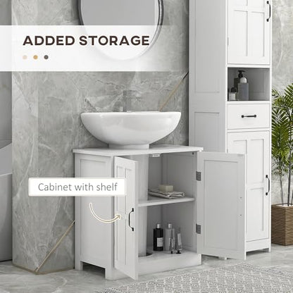 kleankin Pedestal Sink Storage Cabinet, Under Sink Cabinet with 2 Doors and Adjustable Shelf, Bathroom Vanity with U-Shape Cut-Out, White - color: White