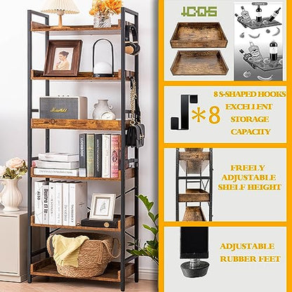 HCHQHS Adjustable 6 Tier Open Bookcase, Rustic Farmhouse Book Shelves, Industrial Wood and Black Metal Bookshelves, Mid Century Bookcase for Home Office Living Room Bedroom - color: Rustic Brown, size: 6-Tier (24"W x 70"H)