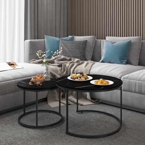 Nesting Coffee Table Set of 2 Round Side Tables, 27.6 Inch Marble Top Coffee Table with Metal Frame for Small Space, Living Room, Bedroom, Balcony & Apartment(Black) - color: Black