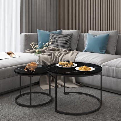 Nesting Coffee Table Set of 2 Round Side Tables, 27.6 Inch Marble Top Coffee Table with Metal Frame for Small Space, Living Room, Bedroom, Balcony & Apartment(Black) - color: Black
