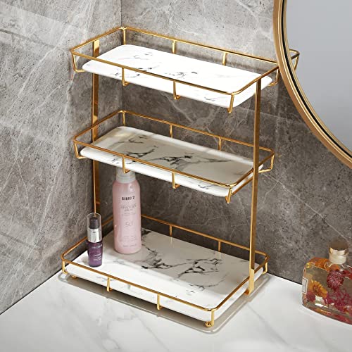 Bathroom Organizer Countertop Perfume Organizer Makeup Organizer Cosmetics Storage Display Rack Vanity Tray Dresser Stainless Steel Gold Shelf White Marble Ceramic Tray - color: 3 Tier Xl-gold