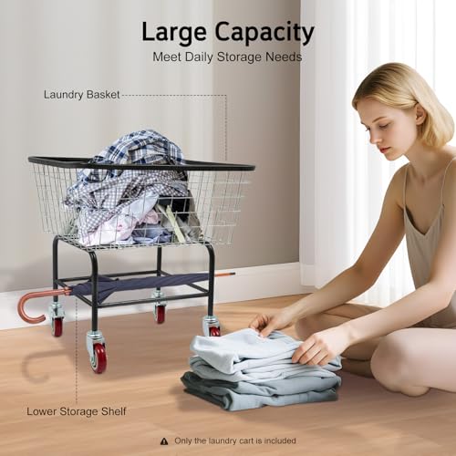Wire Laundry Cart, Commercial Laundry Basket Cart with Wheels, 26.77"D x 21.5"W x 26"H Heavy Duty Steel Wire Hamper for Clothes Storage, Steel Frame with Galvanized, 4" Casters