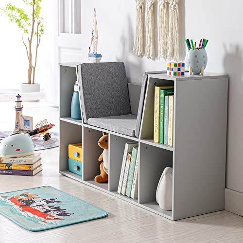 HOMCOM 6-Cubby Kids Bookcase with Reading Nook and Cushion, Multi-Purpose Storage Organizer for Bedroom, Living Room, Grey - color: Grey