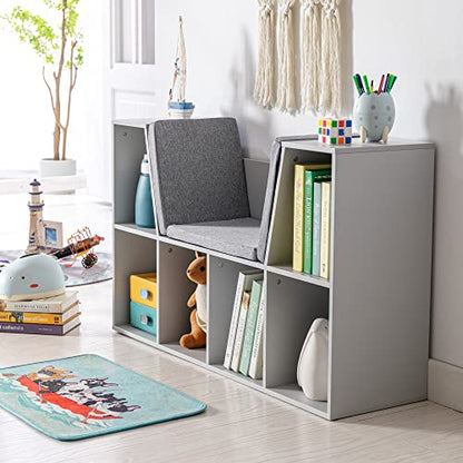 HOMCOM 6-Cubby Kids Bookcase with Reading Nook and Cushion, Multi-Purpose Storage Organizer for Bedroom, Living Room, Grey - color: Grey
