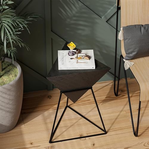 COZAYH Geometric End Table, Modern Side Table with Wooden Top and Metal Base Design, Unique Pyramid Plant Stand for Home and Living Room, Black - color: Black