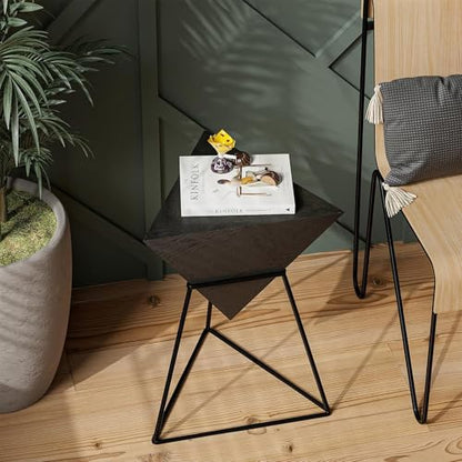 COZAYH Geometric End Table, Modern Side Table with Wooden Top and Metal Base Design, Unique Pyramid Plant Stand for Home and Living Room, Black - color: Black