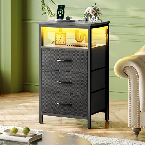 Huuger Night Stand with Charger Station and LED Lights, 3 Drawer Nightstand, Bed Side Table with Open Shelf, End Table, Tall Fabric Dresser for Bedroom, Grey - color: Grey, size: 11.8"D x 15.7"W x 27.6"H（3 Drawers）