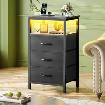 Huuger Night Stand with Charger Station and LED Lights, 3 Drawer Nightstand, Bed Side Table with Open Shelf, End Table, Tall Fabric Dresser for Bedroom, Grey - color: Grey, size: 11.8"D x 15.7"W x 27.6"H（3 Drawers）