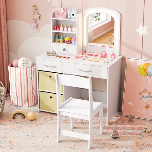 Costzon Kids Vanity with Lights, Princess Makeup Dressing Desk with Mirror and Stool, Storage Drawers, Shelves, Vanity Table and Chair Set for Little Girls (White) - style: White