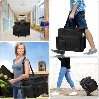 Rolling Teacher Bag Built-in Hard Support Board, Rolling Briefcase with Detachable Trolley, Rolling bag with Laptop compartment, Adjustable Shoulder Strap, and Ample Storage Space - color: Black