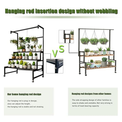 4-Tier Metal Plant Stand on Wheels, 31x24x65 H, 440 lbs Cap. | Sturdy Black Iron Tiered Plant Stand, Stair Shape Display Rack for Indoor & Outdoor Use in Home, Garden, Retail - size: 31in