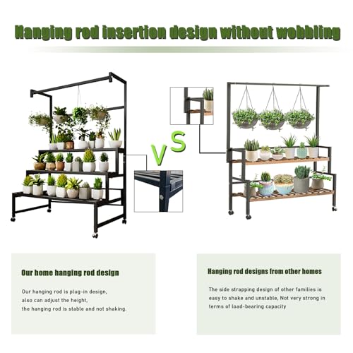4-Tier Metal Plant Stand on Wheels, 47x24x65 H, 440 lbs Cap. | Sturdy Black Iron Tiered Plant Stand, Stair Shape Display Rack for Indoor & Outdoor Use in Home, Garden, Retail - size: 47in