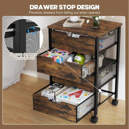 Rolling Cart with Drawers, Wooden Top and Front, with Wheels Metal Under Desk Storage Cart with 4 Drawers, for Office, Bedroom, Classroom, Home, Rustic Brown - color: Rustic Brown