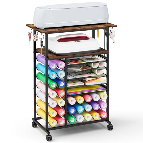 Craft Organizers and Storage Compatible with Cricut Machine | Rolling Craft Storage Cart with 29 Vinyl Roll Holders & 6 Hooks Crafting Table Organization Workstation for Craft Room Home - color: rustic brown