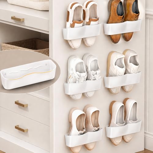 6Pack Wall Mounted Shoe Rack, Adhesive & Drill Mount - White | Patent Protected, Reduce Clutter, Sturdy and Stable Hanging Shoe Organizer, Plastic Shoe Storage for RV, Camper, Closet Door - color: White