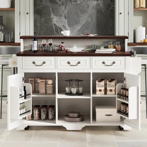 Merax 53.2" Two-Tier Kitchen Island with Storage, Farmhouse Kitchen Island with Power Outlet, 4 Door Shelves, Adjustable Shelves, 3 Drawers, Rolling Island Table, Bar Cabinet for Kitchen, Rustic White - color: Rustic White