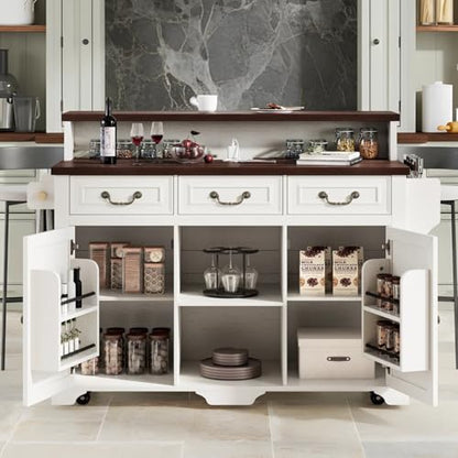 Merax 53.2" Two-Tier Kitchen Island with Storage, Farmhouse Kitchen Island with Power Outlet, 4 Door Shelves, Adjustable Shelves, 3 Drawers, Rolling Island Table, Bar Cabinet for Kitchen, Rustic White - color: Rustic White