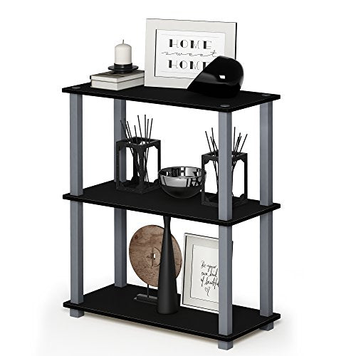 Furinno TURN-S-TUBE Storage Shelves, 3-Tier Book Shelf, Corner Shelf, Toolless Open Shelves, for Organization and Storage, Living Room, Garage, Home Office, Black - color: Black/Grey, size: 3-Tier Square Tube