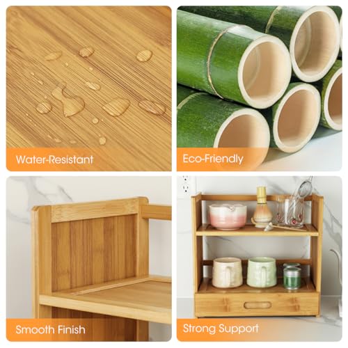 AIEVE Matcha Station Organizer, 2-Tier Bamboo Shelf with Hidden Drawer, Coffee Station Organizer Mug Holder Shelf for Matcha Whisk Set Bowl Cup Scoop Sifter