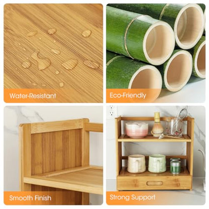 AIEVE Matcha Station Organizer, 2-Tier Bamboo Shelf with Hidden Drawer, Coffee Station Organizer Mug Holder Shelf for Matcha Whisk Set Bowl Cup Scoop Sifter
