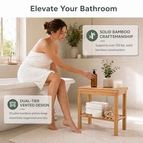 SOUJOY Bamboo Shower Bench, Bath Seat Stool, Spa Foot Rest Shaving Stool, Storage Shelf for Shampoo Towel, Works in Inside Bathroom, Living Room, Bedroom, Garden Leisure