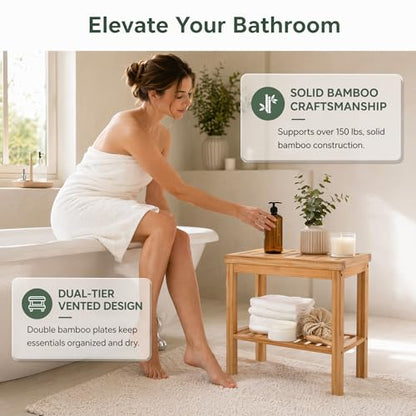 SOUJOY Bamboo Shower Bench, Bath Seat Stool, Spa Foot Rest Shaving Stool, Storage Shelf for Shampoo Towel, Works in Inside Bathroom, Living Room, Bedroom, Garden Leisure