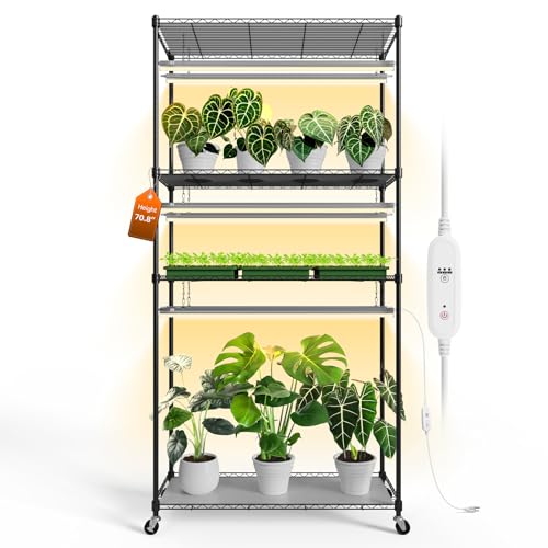 Bstrip Plant Shelf with Grow Light, Tall Grow Light Shelf, Plant Stand with 6 Pack 90W Full Spectrum Plant Lights for Indoor Plants, Seed Starting, Seed Tray, 35.4" Lx13.8 Wx70.8 H