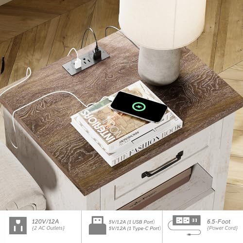 WAMPAT Side Table Nightstand with Charging Station & 2 Drawers, Farmhouse End Table for Living Room, Retro Night Stand Light Wood Bedside Table for Bedroom, Antique White - color: Antique White