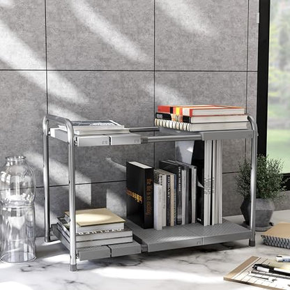 Simple Houseware Under Sink 2-Tier Heavy Duty Expandable Organizer, Silver | Adjustable Width 15.75–25 Inches with 4 Shelf Height Levels - color: Silver