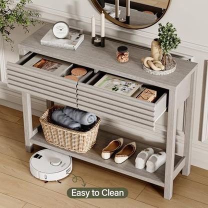 EAG 40" Fluted Console Table with 2 Drawers, Modern Wood 2 Tier Entryway Table with Storage Shelf, Narrow Sofa Tables Behind Couch for Entrance Foyer, Hallway, Living Room, Gray - color: Grey