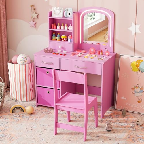 Costzon Kids Vanity with Lights, Princess Makeup Dressing Desk with Mirror and Stool, Storage Drawers, Shelves, Kids Vanity Table and Chair Set for Little Girls (Pink) - style: Pink