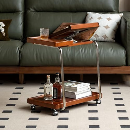 YESWOOD Adjustable C-Shaped Couch Table with Lockable Wheels – Rolling Small Space Side Table, Solid Wood End Table for Sofa, Bed & Living Room, (Teak,16.41" D x 24.4" W x 24.52" H) - color: Teak