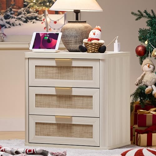 LEYAOYAO Rattan 23" Nightstands with Charger for Bedroom | Gold Metal Handle, Storage Shelf, Grey White Night Stand, Boho Bedside Table, Bed Side End Tables Living Room, Hallway - color: Grey White, size: 15.5"D x 23"W x 24.2"H (3 Drawers)
