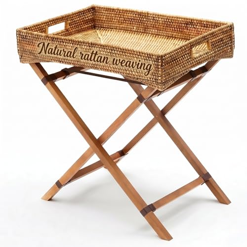 BreezeHug Rattan Side Table with Removable Tray, Foldable TV Tray Table for Couch, Small Space Snack Tables for Living Room, Balcony & Bedroom, Lightweight Wooden Stand