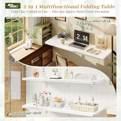 Dogsky 48" x 16" Floating Wall Desk, Fold Down Wall Table - 300 lbs Heavy Duty Solid Pine Wall Mount Folding Desk for Home Office, Laundry Room, Kitchen & Small Apartment, White - color: White, size: 48'' x 15.7'' x 8.3''