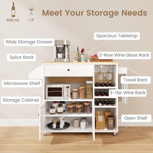 Giantex Rolling Kitchen Island Cart with Drop Leaf, Power Outlet, Spice Rack, 12 Wine Rack, Glass Holder, Drawer, Storage Cabinet, Towel Rack, Island Table for Breakfast Coffee Bar (White & Natural) - color: White & Natural