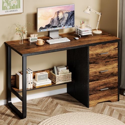 MaverickFurni Small Computer Desk with Drawers, 47 Inch Home Office Desk with 3 Drawers & Bottom Shelves, Study Desk with Storage for Bedroom, Writing and Work, Black and Brown