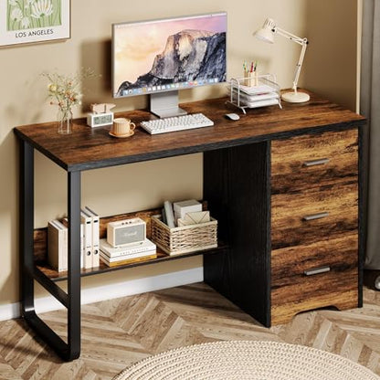 MaverickFurni Small Computer Desk with Drawers, 47 Inch Home Office Desk with 3 Drawers & Bottom Shelves, Study Desk with Storage for Bedroom, Writing and Work, Black and Brown