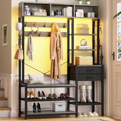 Itaar Hall Tree with Bench and Shoe Storage, 7-in-1 Entryway Bench with Coat Rack, 3 Storage Cubbies, 3 Open Shelves, 17 Coat Hooks, 2 Fabric Drawers (Oak Grey) - color: Oak Grey