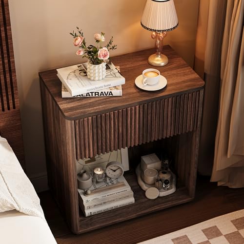 Modern Fluted Nightstand Set of 2 for Bedroom, Mid Century Bedside Table with Drawer & Open Shelf, Wood End Table, Farmhouse Night Stand for Home, Hallway, Office, Walnut - color: Walnut