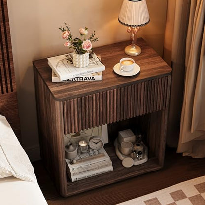 Modern Fluted Nightstand Set of 2 for Bedroom, Mid Century Bedside Table with Drawer & Open Shelf, Wood End Table, Farmhouse Night Stand for Home, Hallway, Office, Walnut - color: Walnut