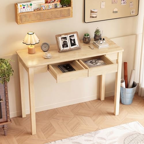Solid Wooden Desk with Drawers - 39 x 16 Inch Rubberwood Narrow Desks, Simple Modern Study Table, Small Writing Desk for Bedroom|Small Spaces - Natural Boho Desks - color: Natural, size: 39.4 in W x 15.7 in D