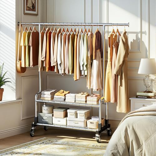 Luxspire Rolling Heavy Duty Clothes Rack with 2 Sturdy Shelves Load 600 LBS | Zinc-iron alloy frame, lockable silent wheels, adjustable extendable rods for bedroom and laundry room garment storage - color: Silver