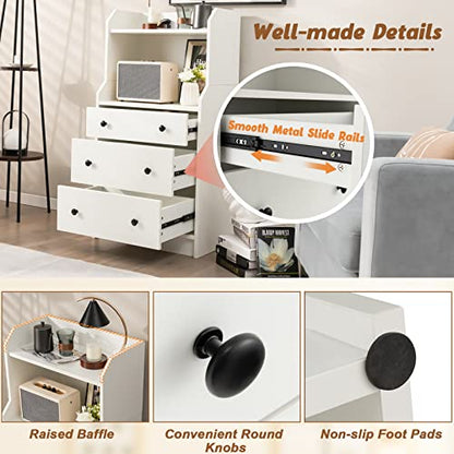 Moccha 3 Drawers Dresser with Shelf, Modern Dresser Tower with 2 Open Shelves, Chest of Drawers with Anti-toppling Device, Tall Storage Dresser Nightstand for Closet, Living Room, White - color: White